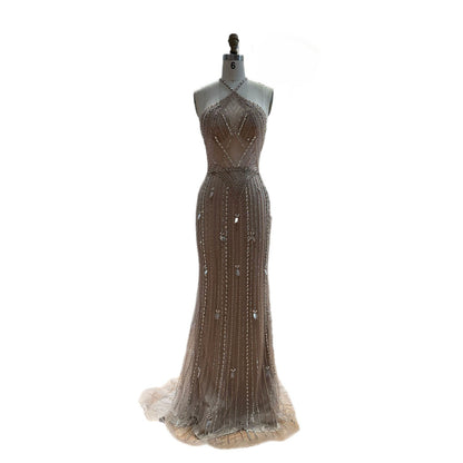 Luxury Nude Halter Crystal Beaded Mermaid Dress With Bow Back LA73687A SERENE HILL