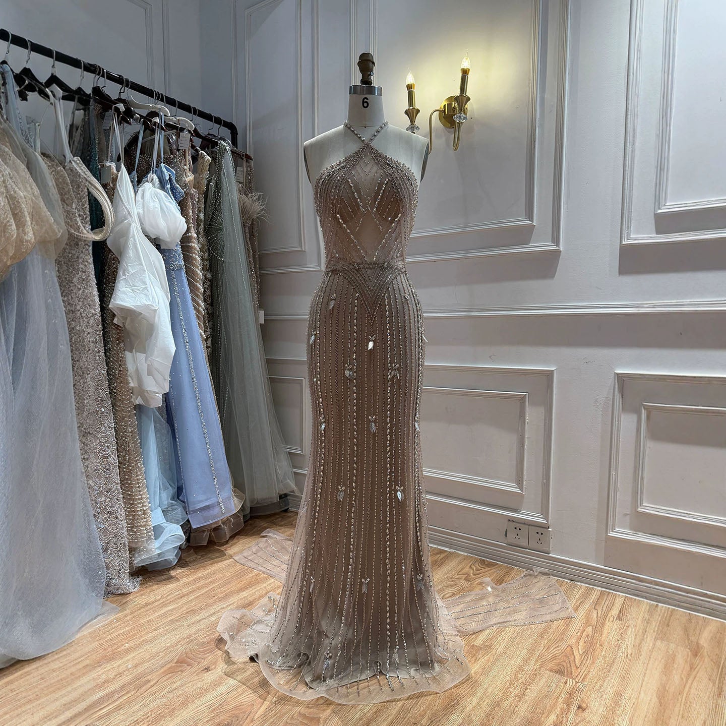 Luxury Nude Halter Crystal Beaded Mermaid Dress With Bow Back LA73687A SERENE HILL