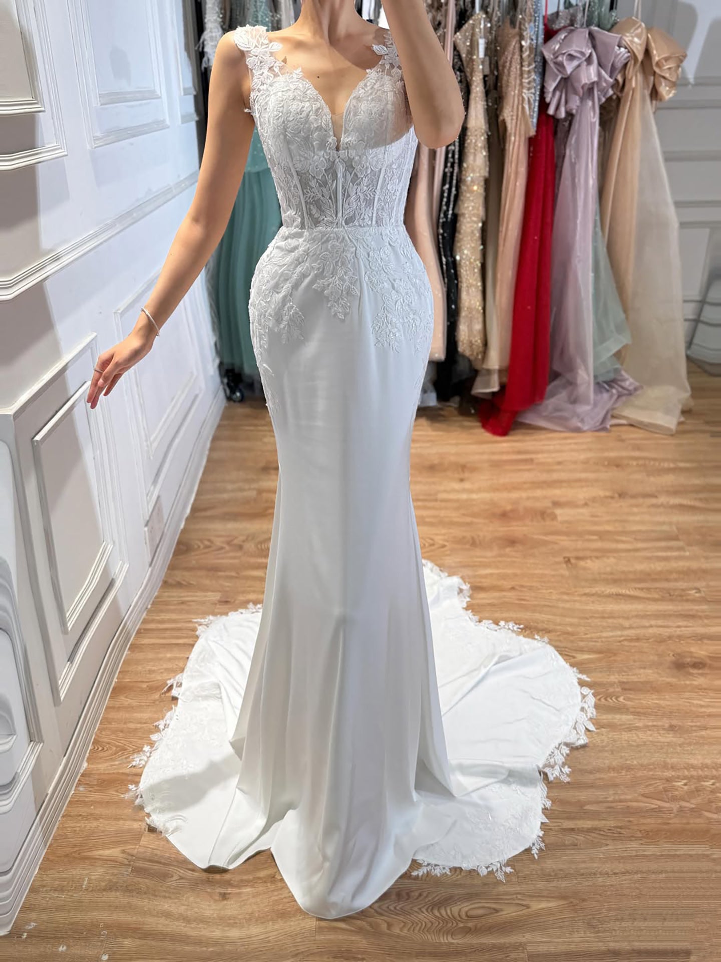 Luxury White V Neck See Through Lace Mermaid Dress LA73690