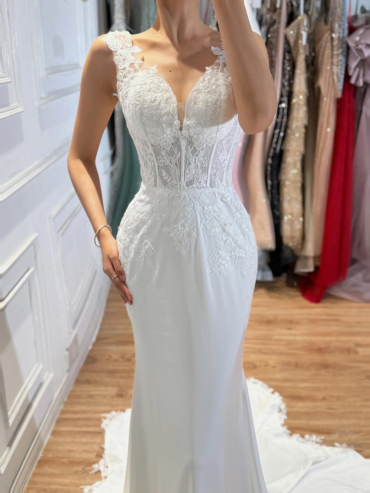 Luxury White V Neck See Through Lace Mermaid Dress LA73690 SERENE HILL