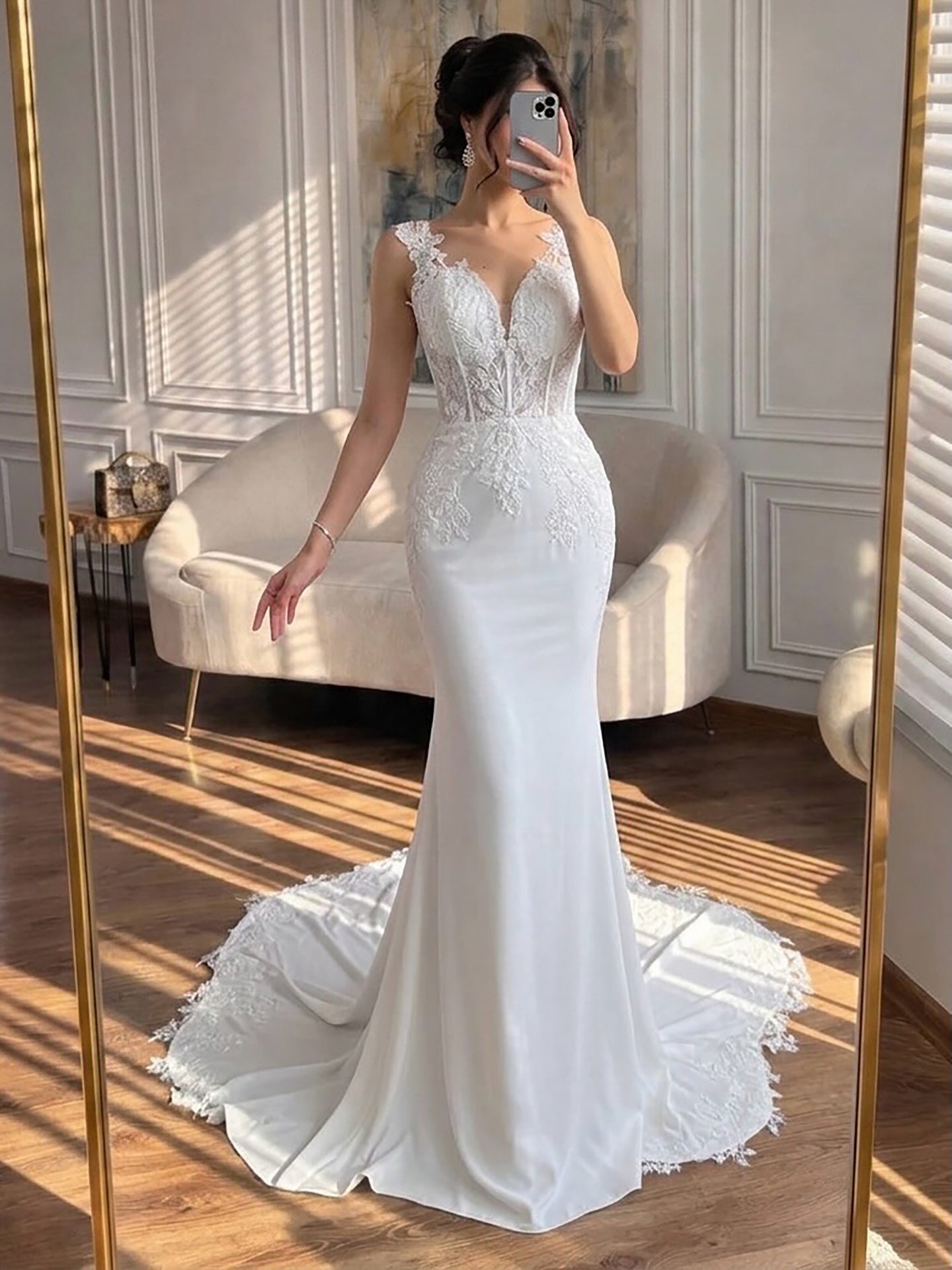 Luxury White V Neck See Through Lace Mermaid Dress LA73690 SERENE HILL