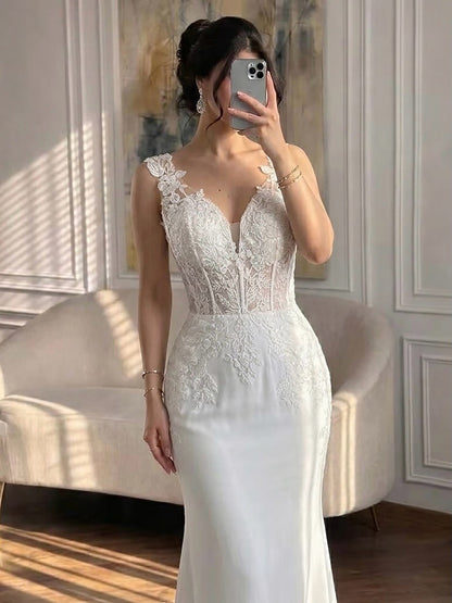 Luxury White V Neck See Through Lace Mermaid Dress LA73690 SERENE HILL