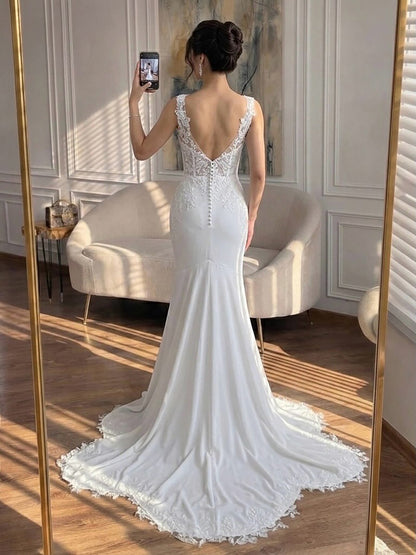 Luxury White V Neck See Through Lace Mermaid Dress LA73690 SERENE HILL
