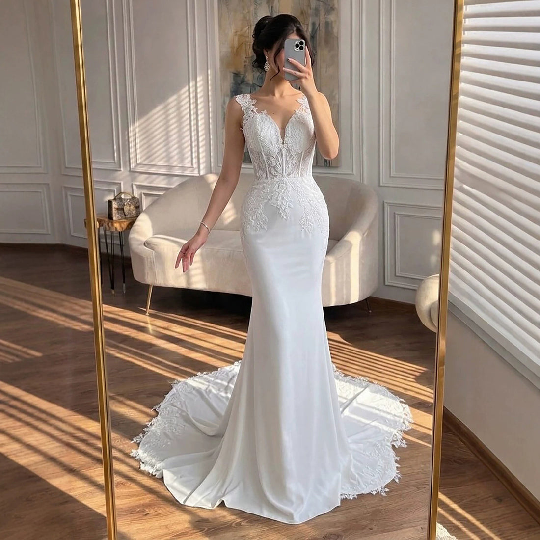 Luxury White V Neck See Through Lace Mermaid Dress LA73690 SERENE HILL
