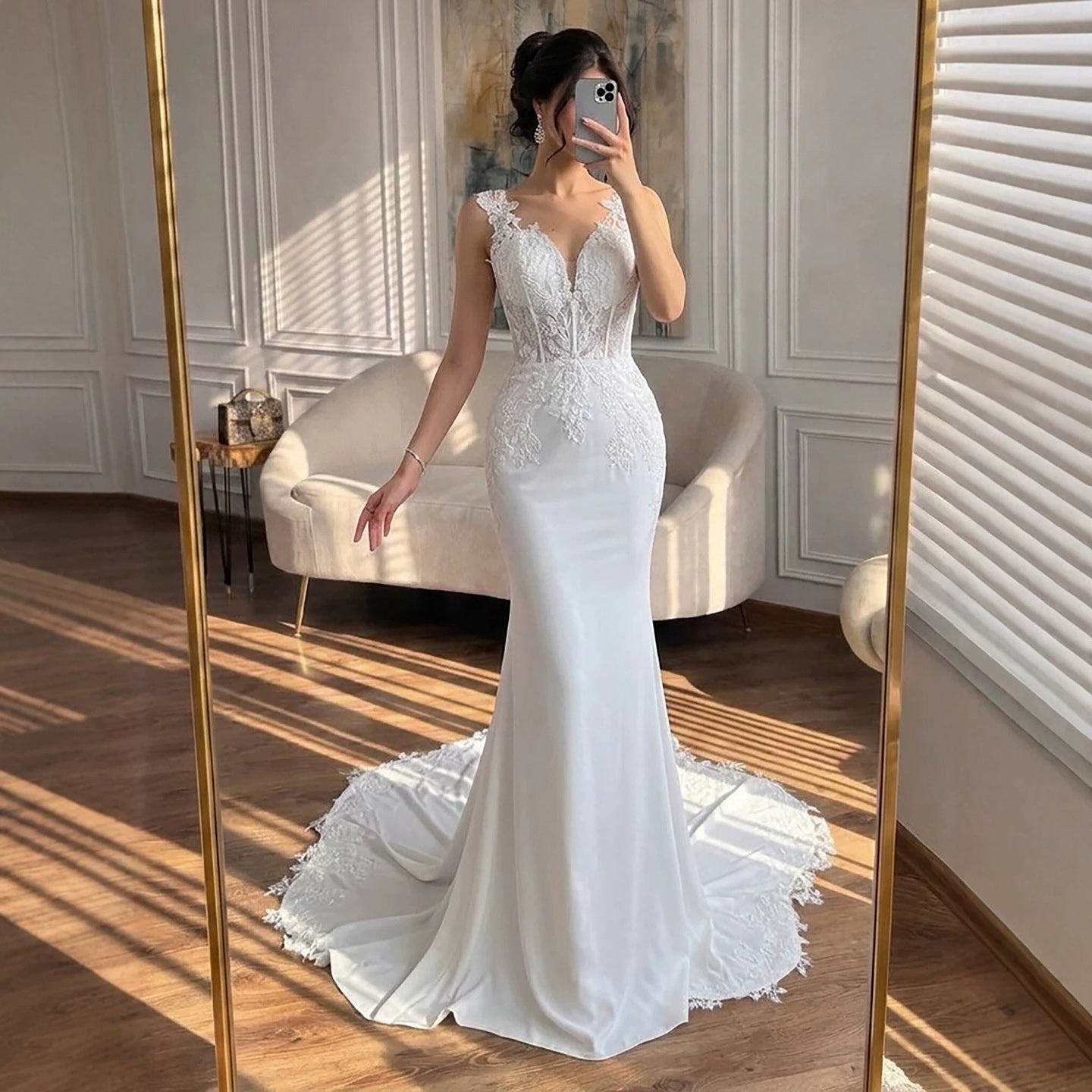 Luxury White V Neck See Through Lace Mermaid Dress LA73690 SERENE HILL