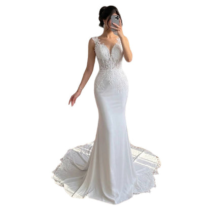 Luxury White V Neck See Through Lace Mermaid Dress LA73690 SERENE HILL