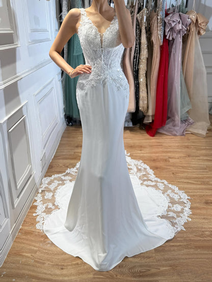 Luxury White V Neck Lace Bodice Zipper Back Mermaid Dress LA73690A SERENE HILL