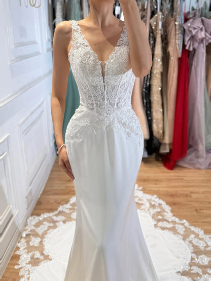 Luxury White V Neck Lace Bodice Zipper Back Mermaid Dress LA73690A SERENE HILL