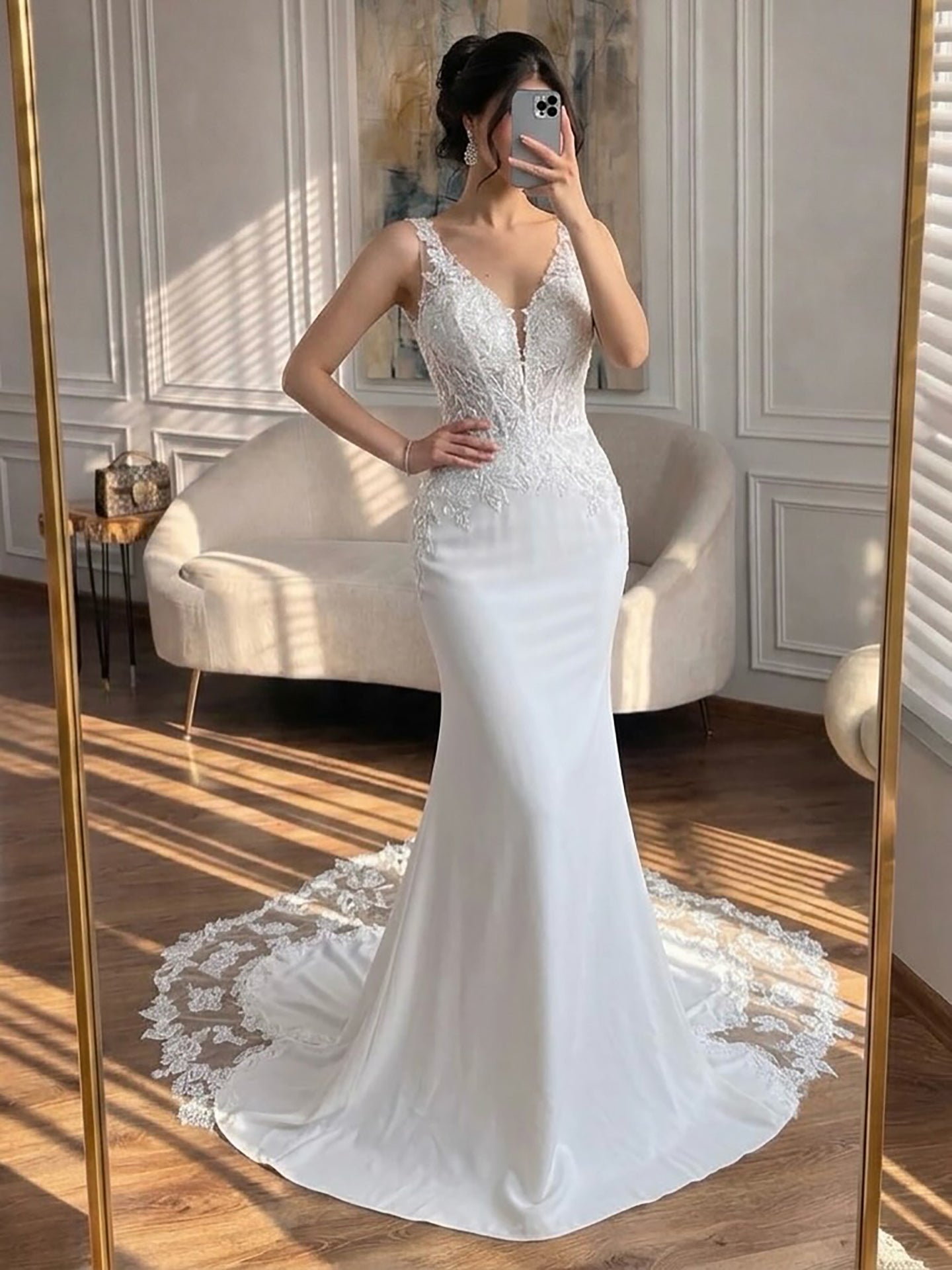Luxury White V Neck Lace Bodice Zipper Back Mermaid Dress LA73690A SERENE HILL