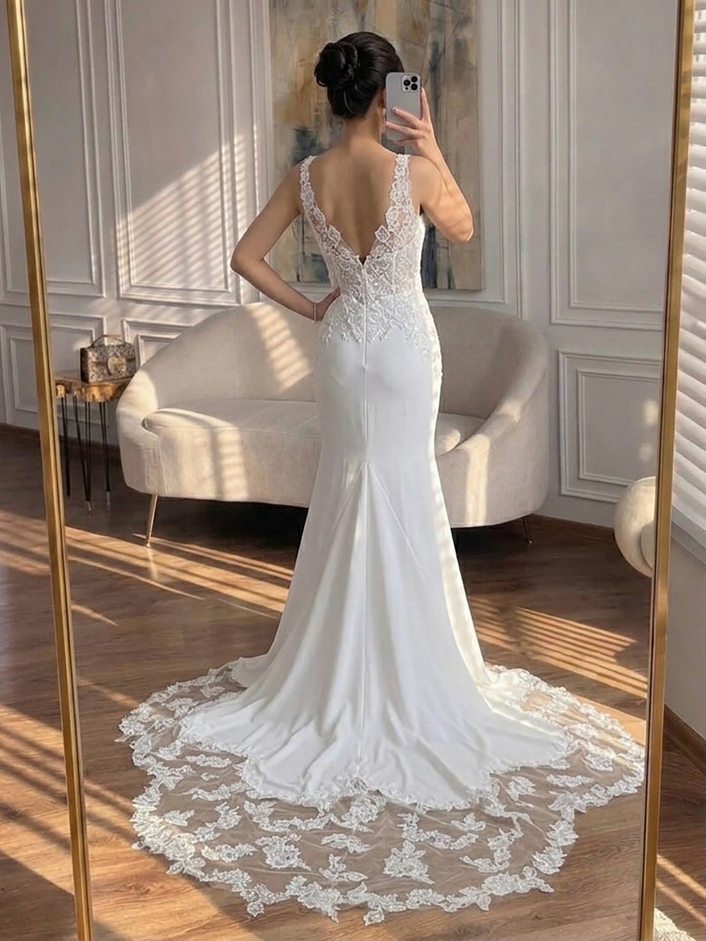 Luxury White V Neck Lace Bodice Zipper Back Mermaid Dress LA73690A SERENE HILL