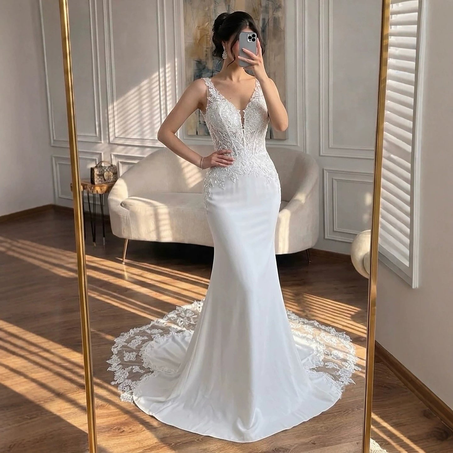 Luxury White V Neck Lace Bodice Zipper Back Mermaid Dress LA73690A SERENE HILL