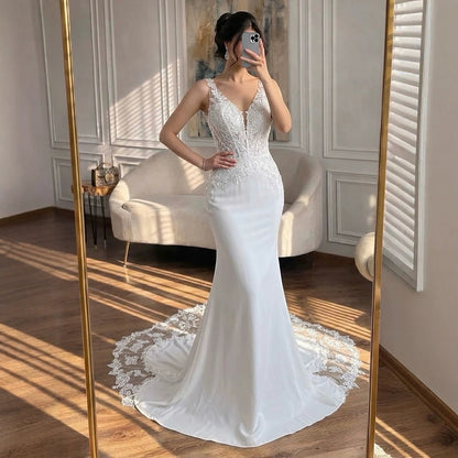Luxury White V Neck Lace Bodice Zipper Back Mermaid Dress LA73690A SERENE HILL