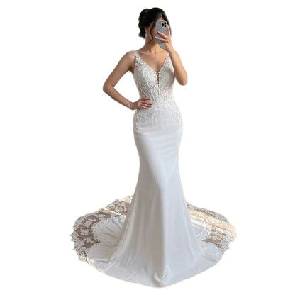 Luxury White V Neck Lace Bodice Zipper Back Mermaid Dress LA73690A SERENE HILL
