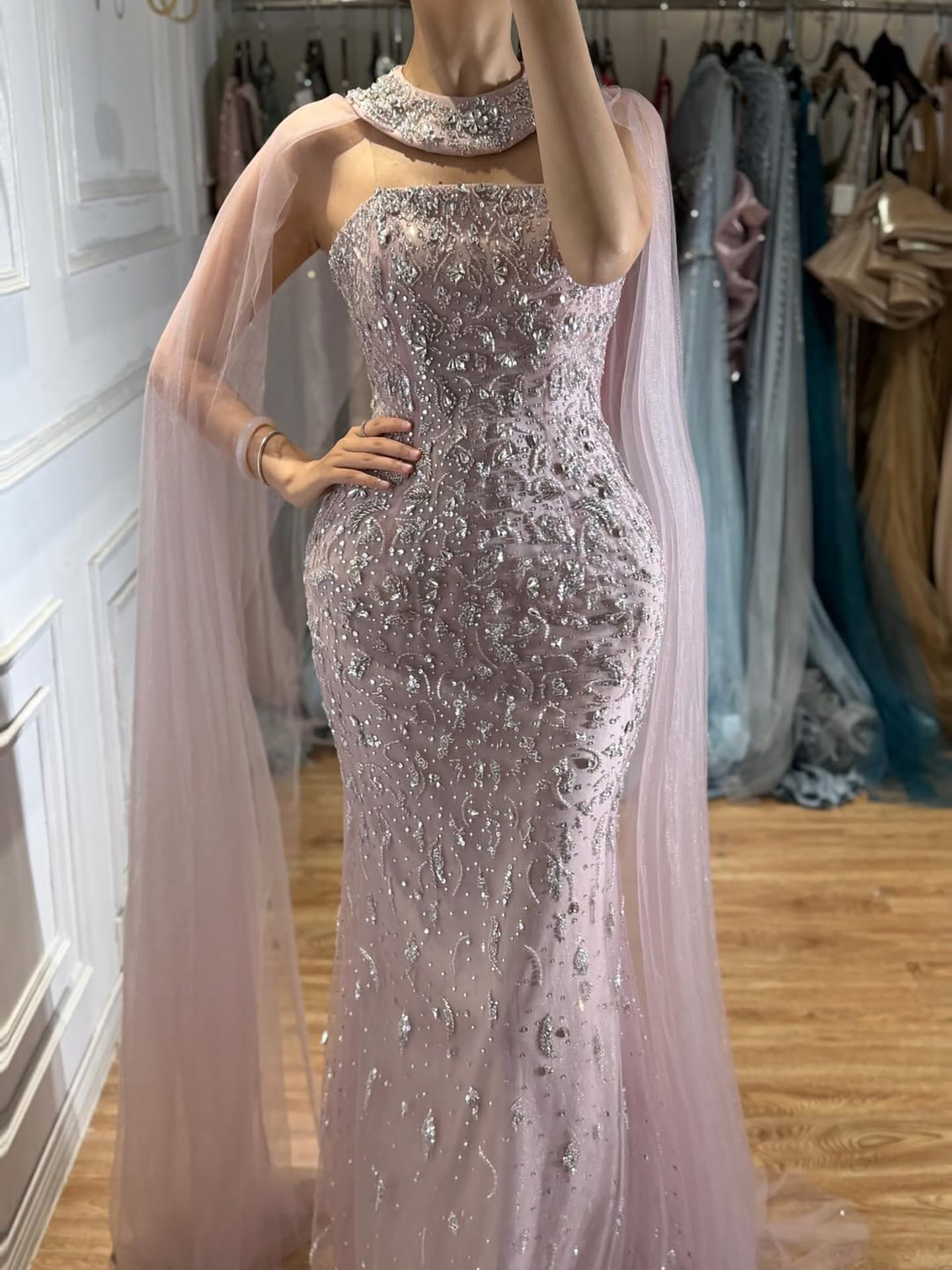 Luxury Blue Crystal Beaded Mermaid Evening Dress With Cape Sleeves LA73692