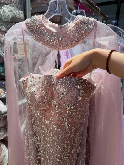 Luxury Blue Crystal Beaded Mermaid Evening Dress With Cape Sleeves LA73692