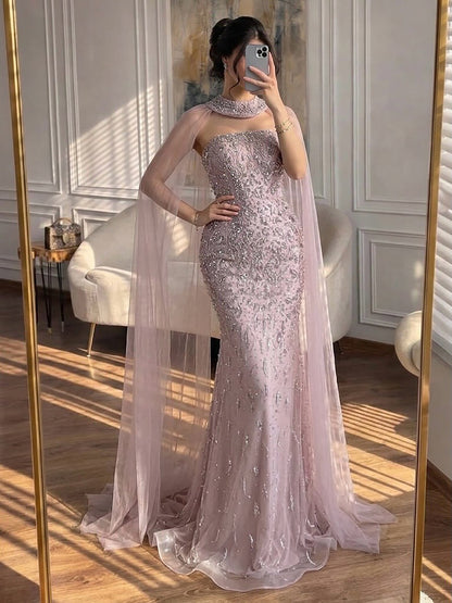 Luxury Blue Crystal Beaded Mermaid Evening Dress With Cape Sleeves LA73692