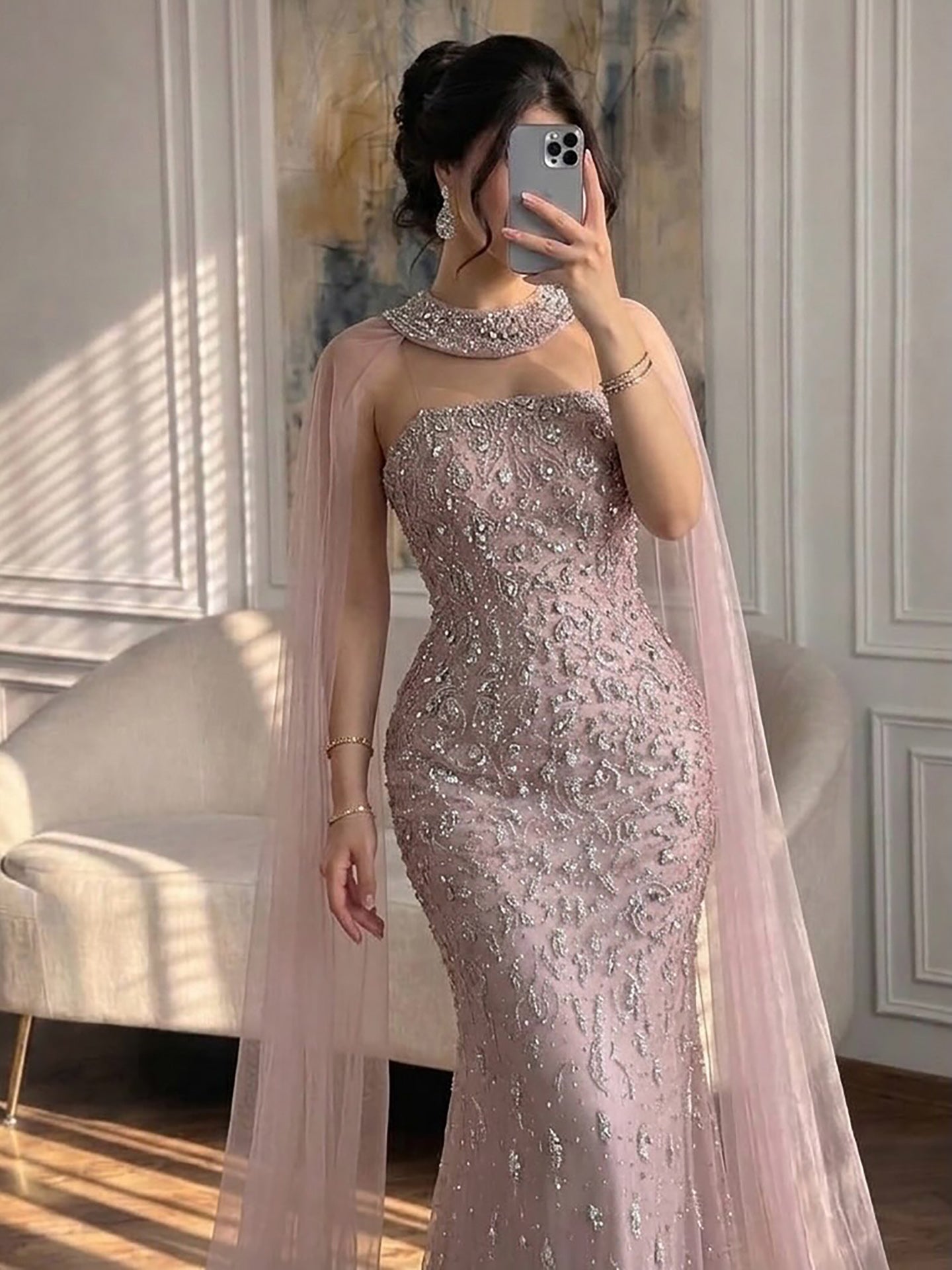 Luxury Blue Crystal Beaded Mermaid Evening Dress With Cape Sleeves LA73692