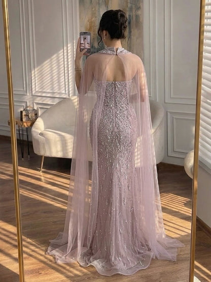Luxury Blue Crystal Beaded Mermaid Evening Dress With Cape Sleeves LA73692