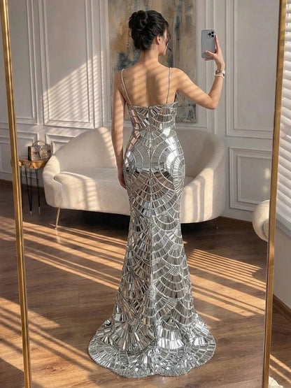 Luxury Silver Mirror Crystal Mermaid Evening Dress LA73693 SERENE HILL