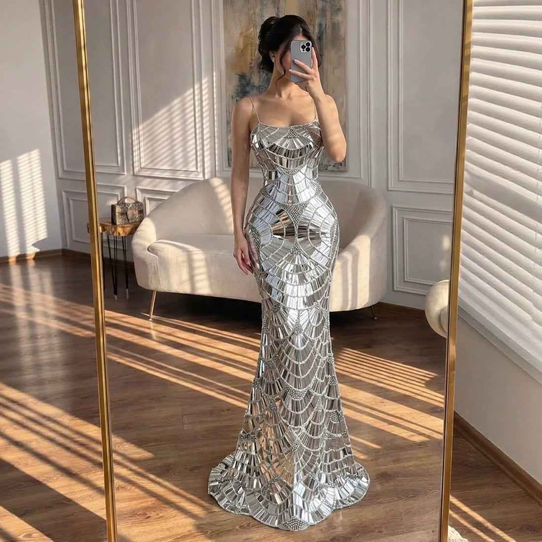 Luxury Silver Mirror Crystal Mermaid Evening Dress LA73693 SERENE HILL