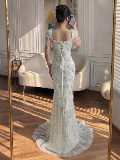 Luxury Beige Crystal Beaded Mermaid Evening Dress Tassel Sleeve LA73694