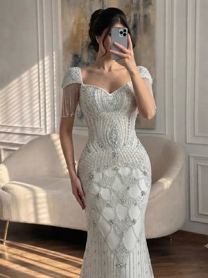 Luxury Beige Crystal Beaded Mermaid Evening Dress Tassel Sleeve LA73694