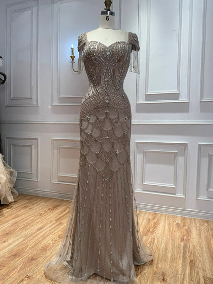 Luxury Beige Crystal Beaded Mermaid Evening Dress Tassel Sleeve LA73694