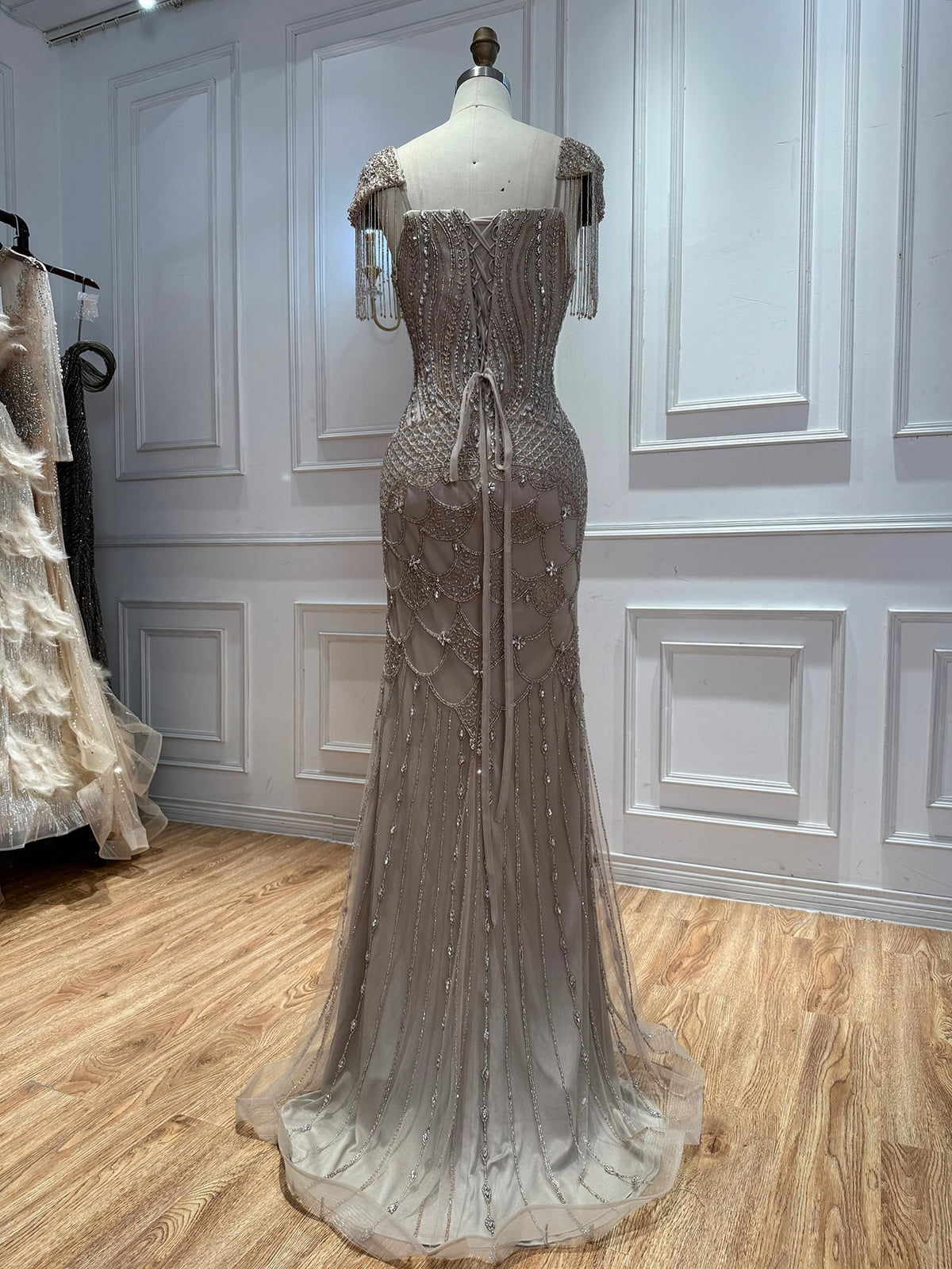 Luxury Beige Crystal Beaded Mermaid Evening Dress Tassel Sleeve LA73694