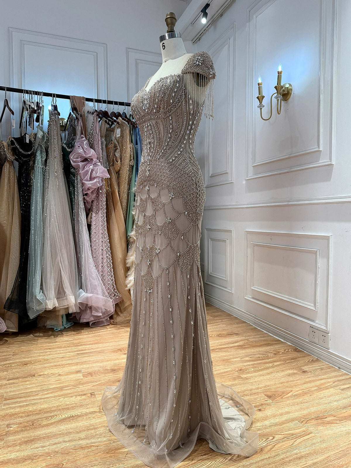Luxury Beige Crystal Beaded Mermaid Evening Dress Tassel Sleeve LA73694