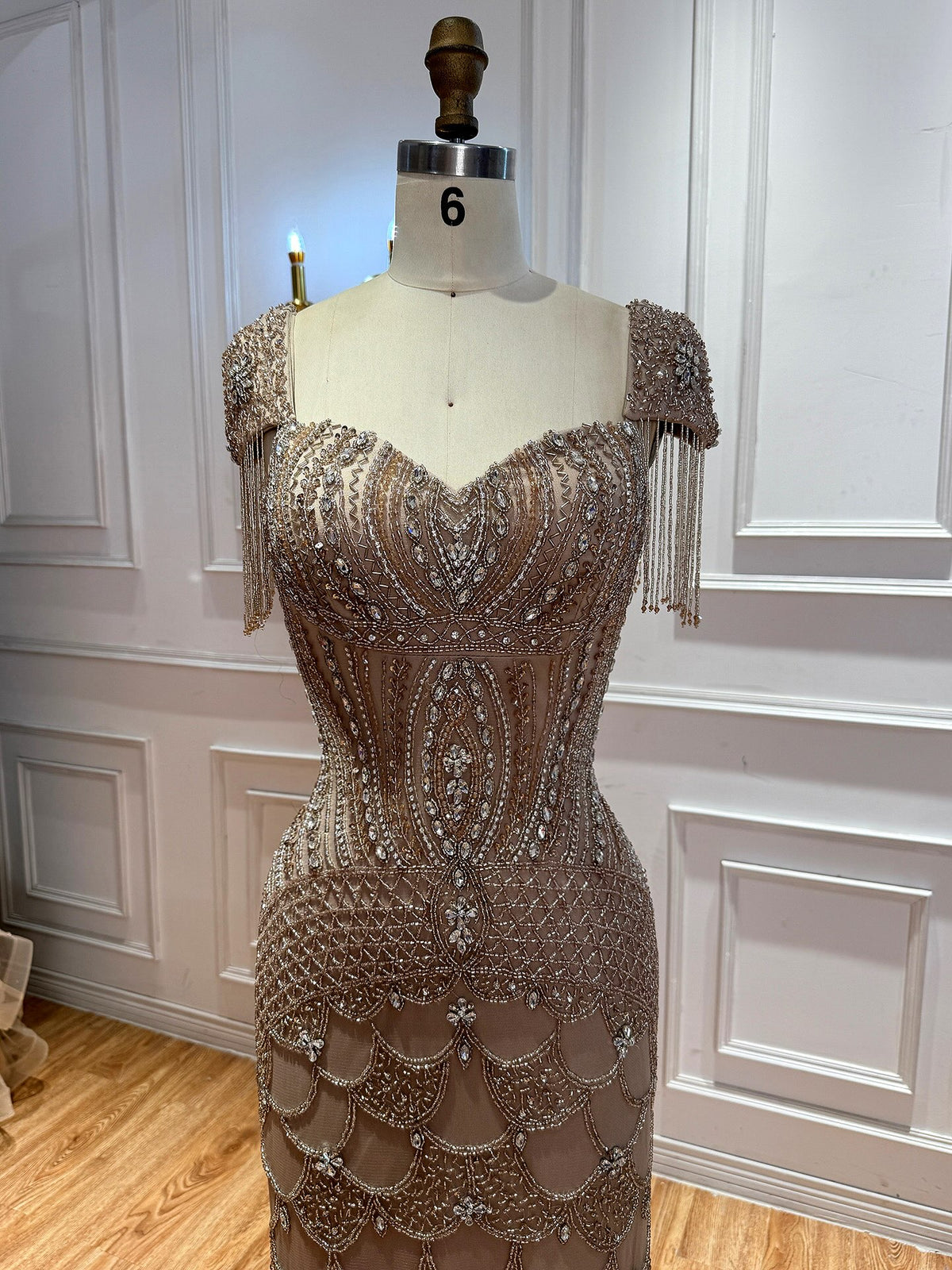 Luxury Beige Crystal Beaded Mermaid Evening Dress Tassel Sleeve LA73694