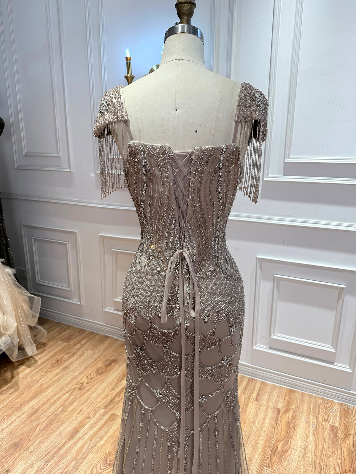 Luxury Beige Crystal Beaded Mermaid Evening Dress Tassel Sleeve LA73694