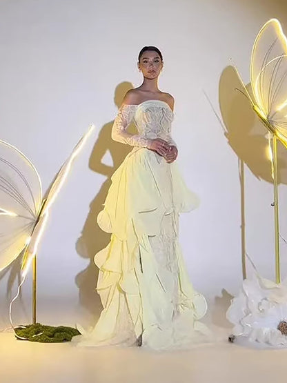 Luxury Yellow Lace Corset Ruffle Evening Dress LA73695