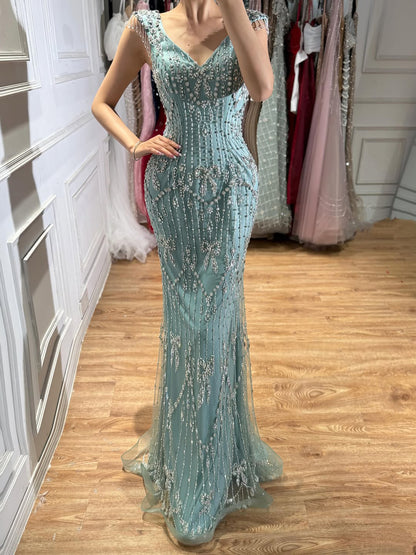 Luxury Pink Crystal Beaded Mermaid Deep V Evening Dress LA73696 SERENE HILL