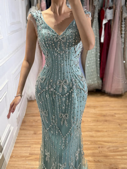 Luxury Pink Crystal Beaded Mermaid Deep V Evening Dress LA73696 SERENE HILL