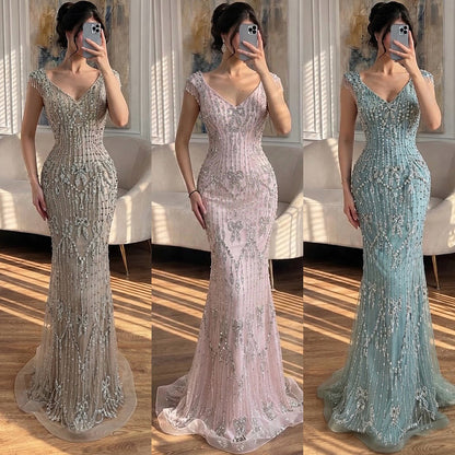 Luxury Pink Crystal Beaded Mermaid Deep V Evening Dress LA73696 SERENE HILL