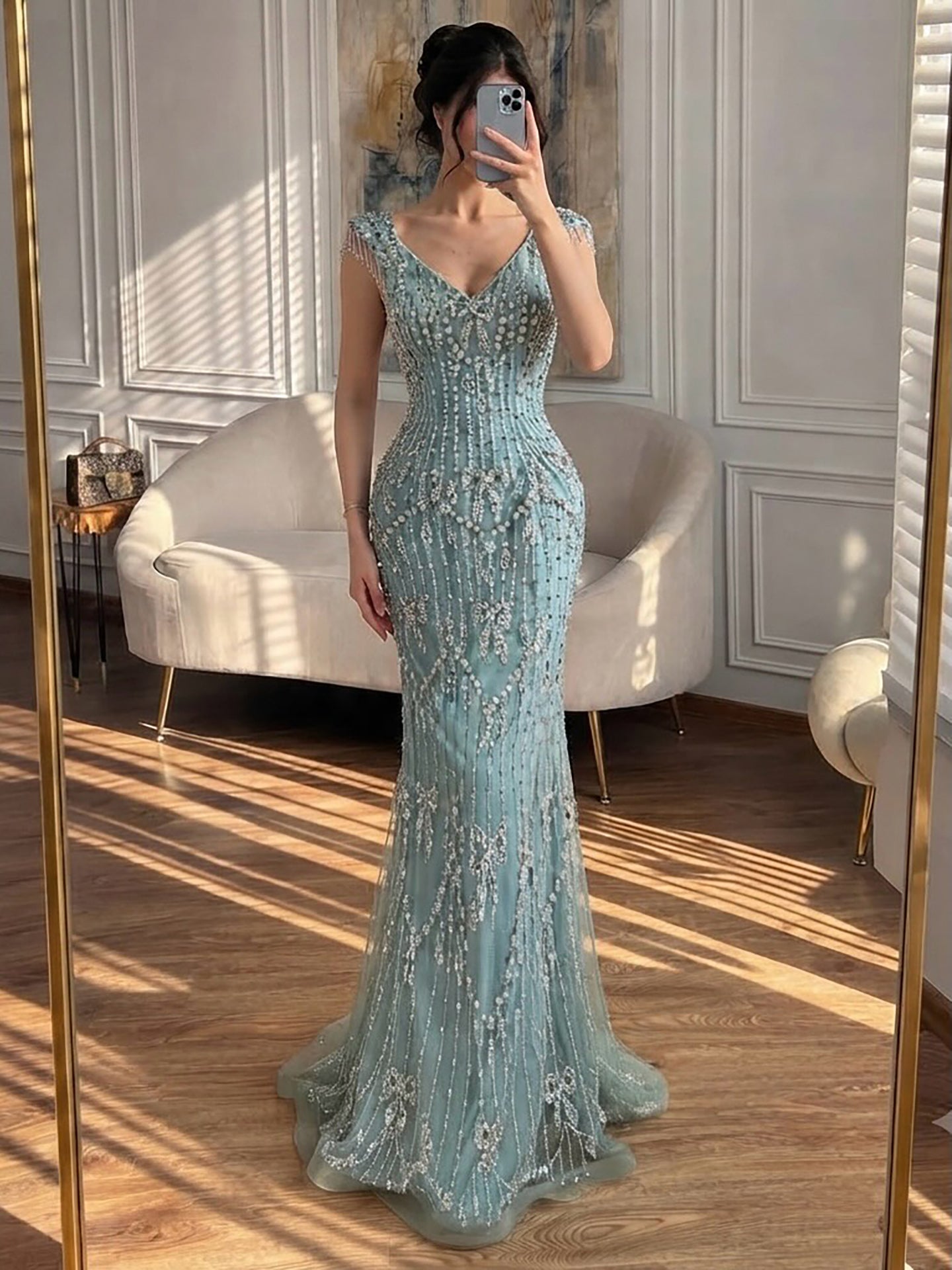 Luxury Pink Crystal Beaded Mermaid Deep V Evening Dress LA73696 SERENE HILL