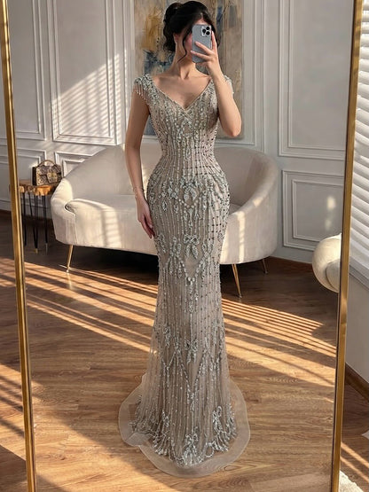 Luxury Pink Crystal Beaded Mermaid Deep V Evening Dress LA73696 SERENE HILL