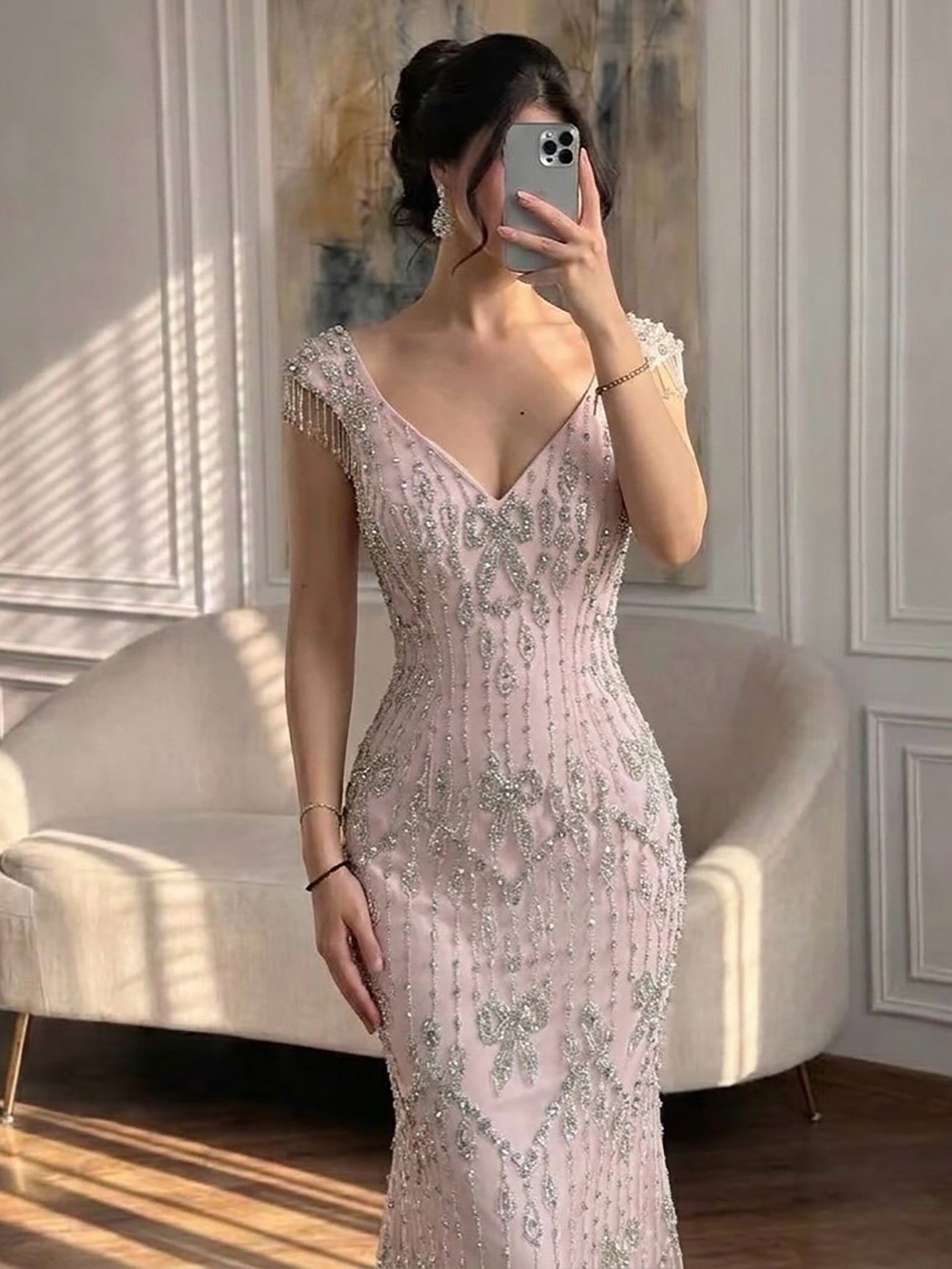 Luxury Pink Crystal Beaded Mermaid Deep V Evening Dress LA73696 SERENE HILL