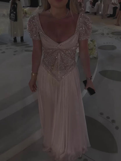 Luxury Nude A‑Line Beaded Tulle Evening Dress LA73697