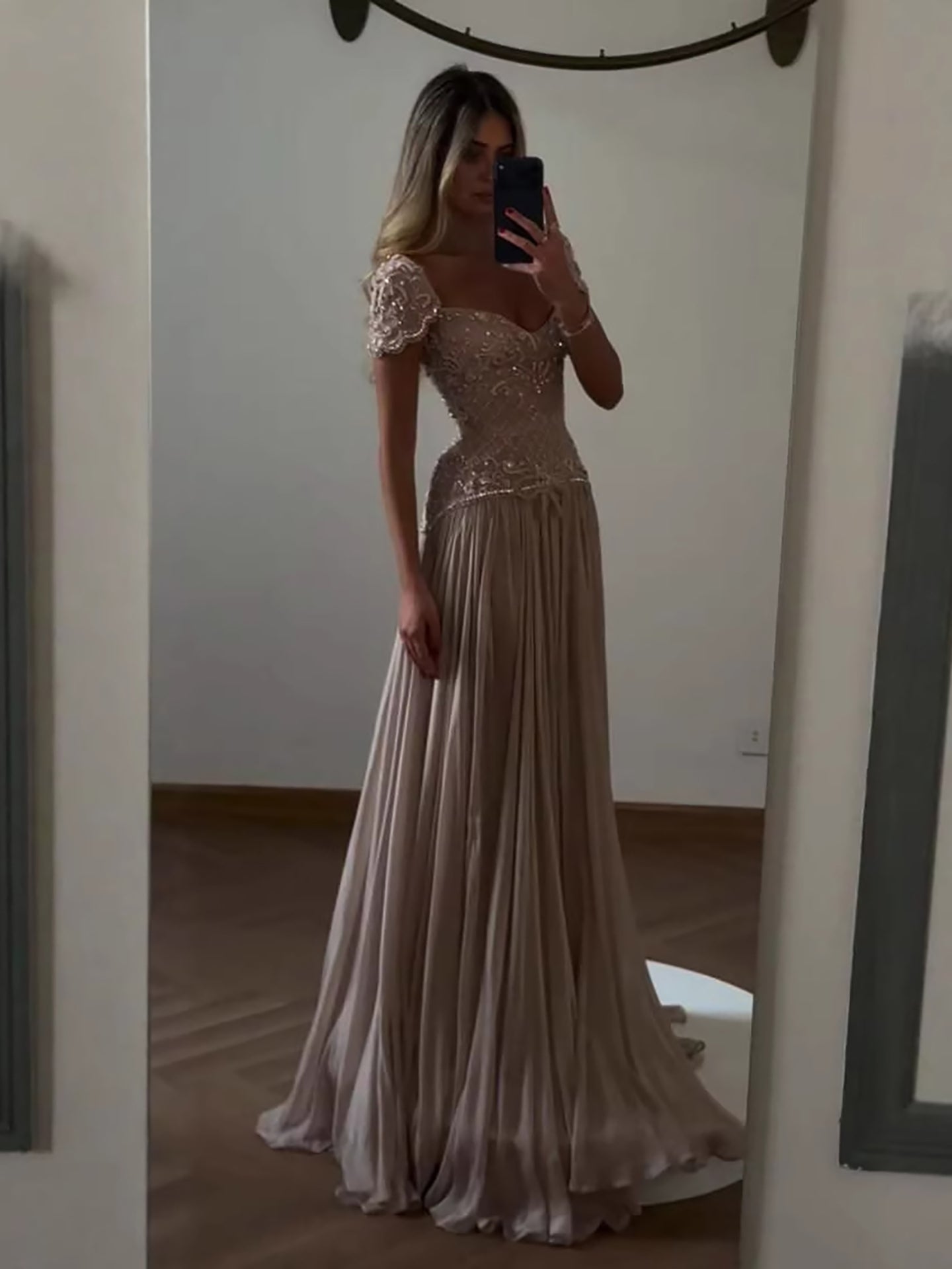 Elegant Caramel Beaded Chiffon A Line Sweetheart Evening Dress LA73698
