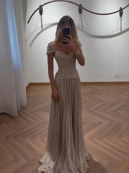 Elegant Caramel Beaded Chiffon A Line Sweetheart Evening Dress LA73698