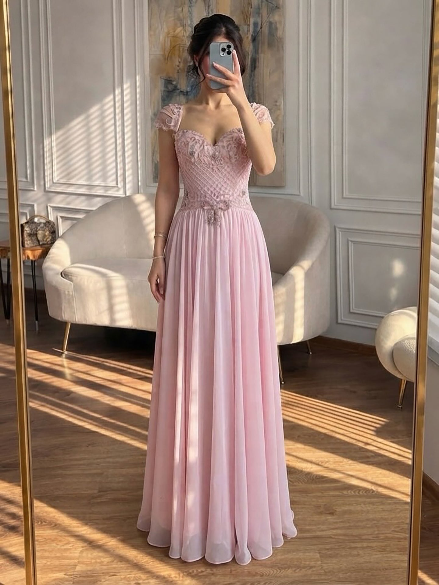 Elegant Caramel Beaded Chiffon A Line Sweetheart Evening Dress LA73698 SERENE HILL