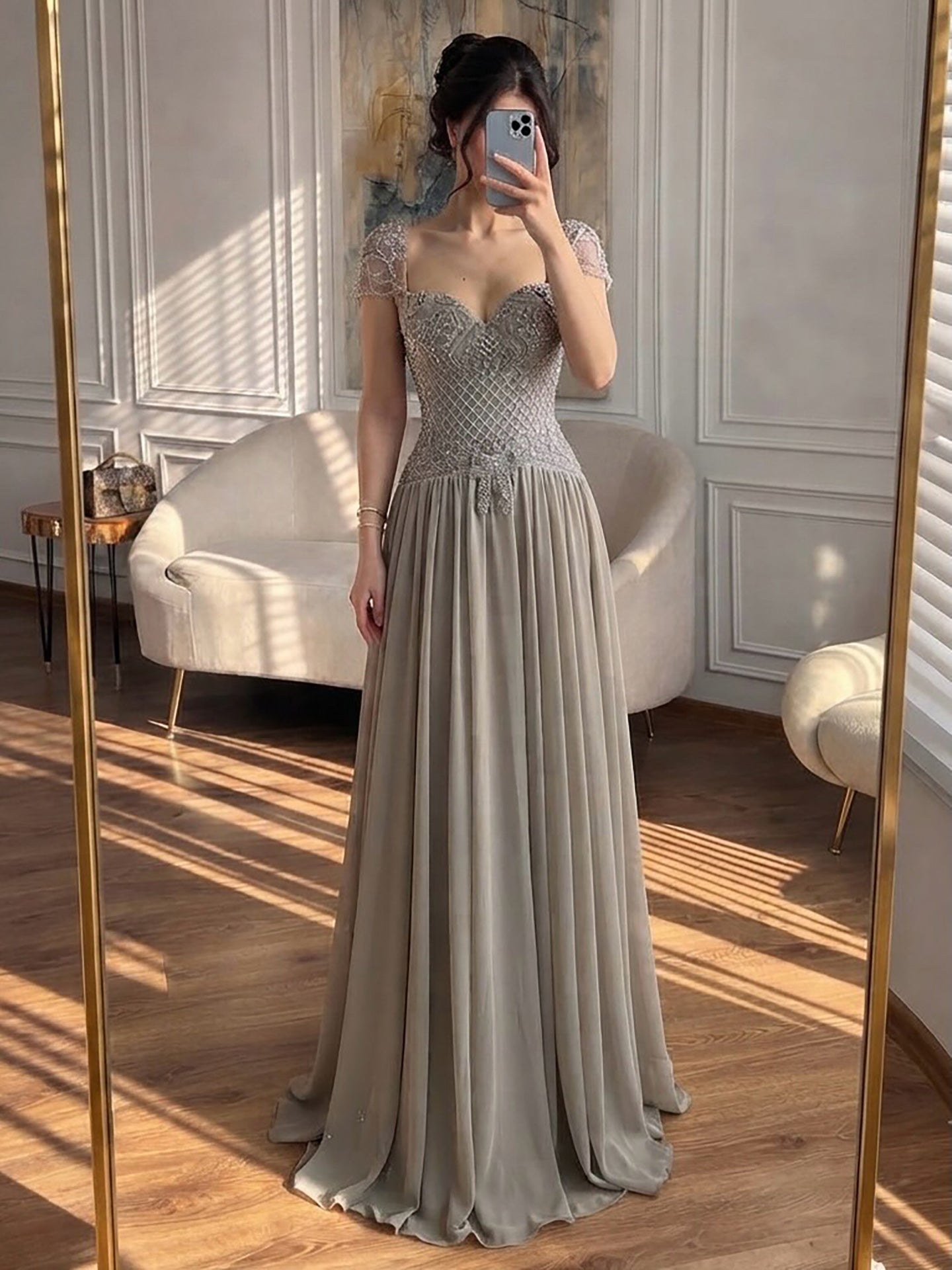 Elegant Caramel Beaded Chiffon A Line Sweetheart Evening Dress LA73698 SERENE HILL