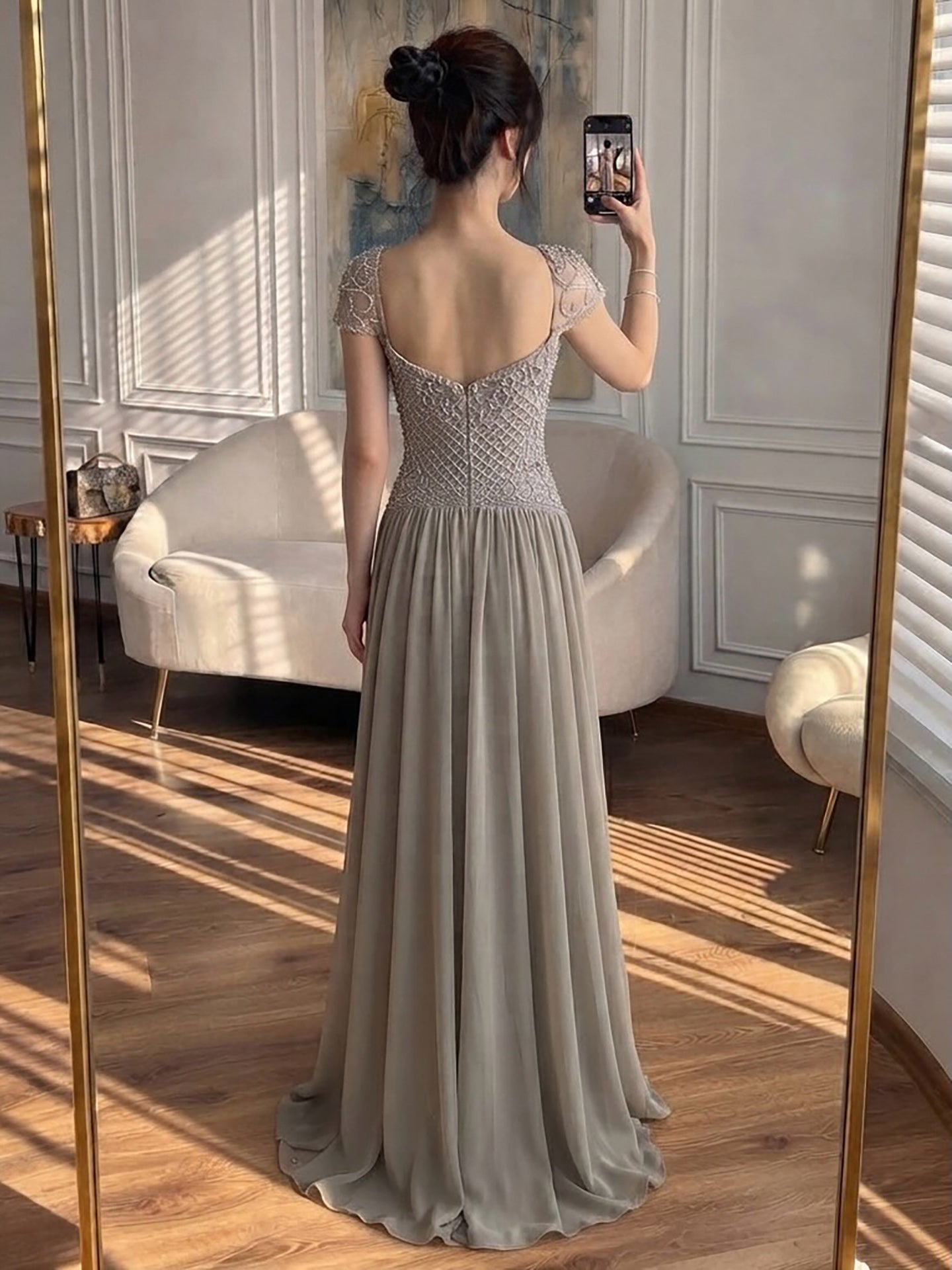 Elegant Caramel Beaded Chiffon A Line Sweetheart Evening Dress LA73698 SERENE HILL