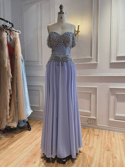 Luxury Pink Beaded Chiffon Off Shoulder A Line Evening Dress LA73698A