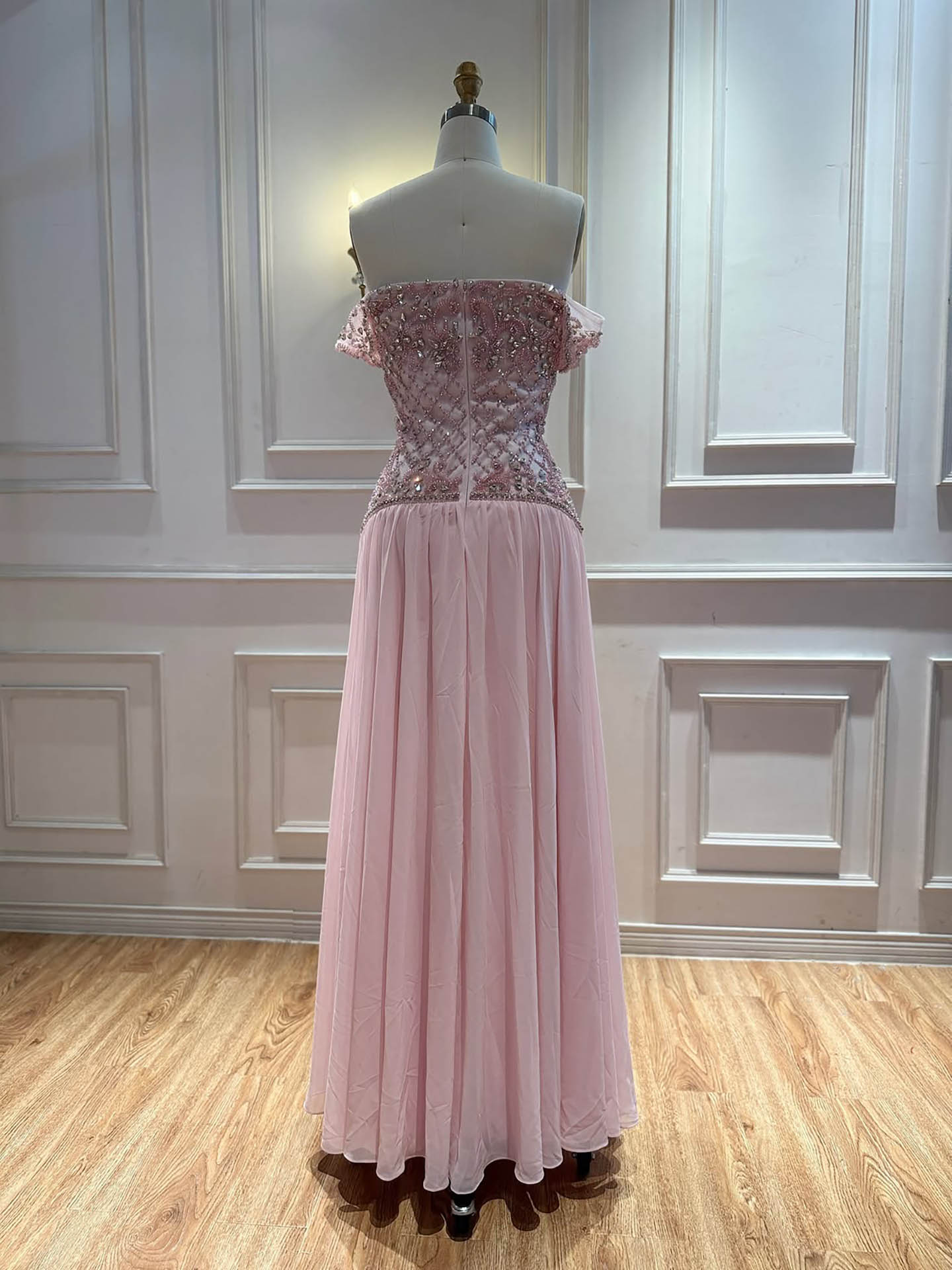 Luxury Pink Beaded Chiffon Off Shoulder A Line Evening Dress LA73698A