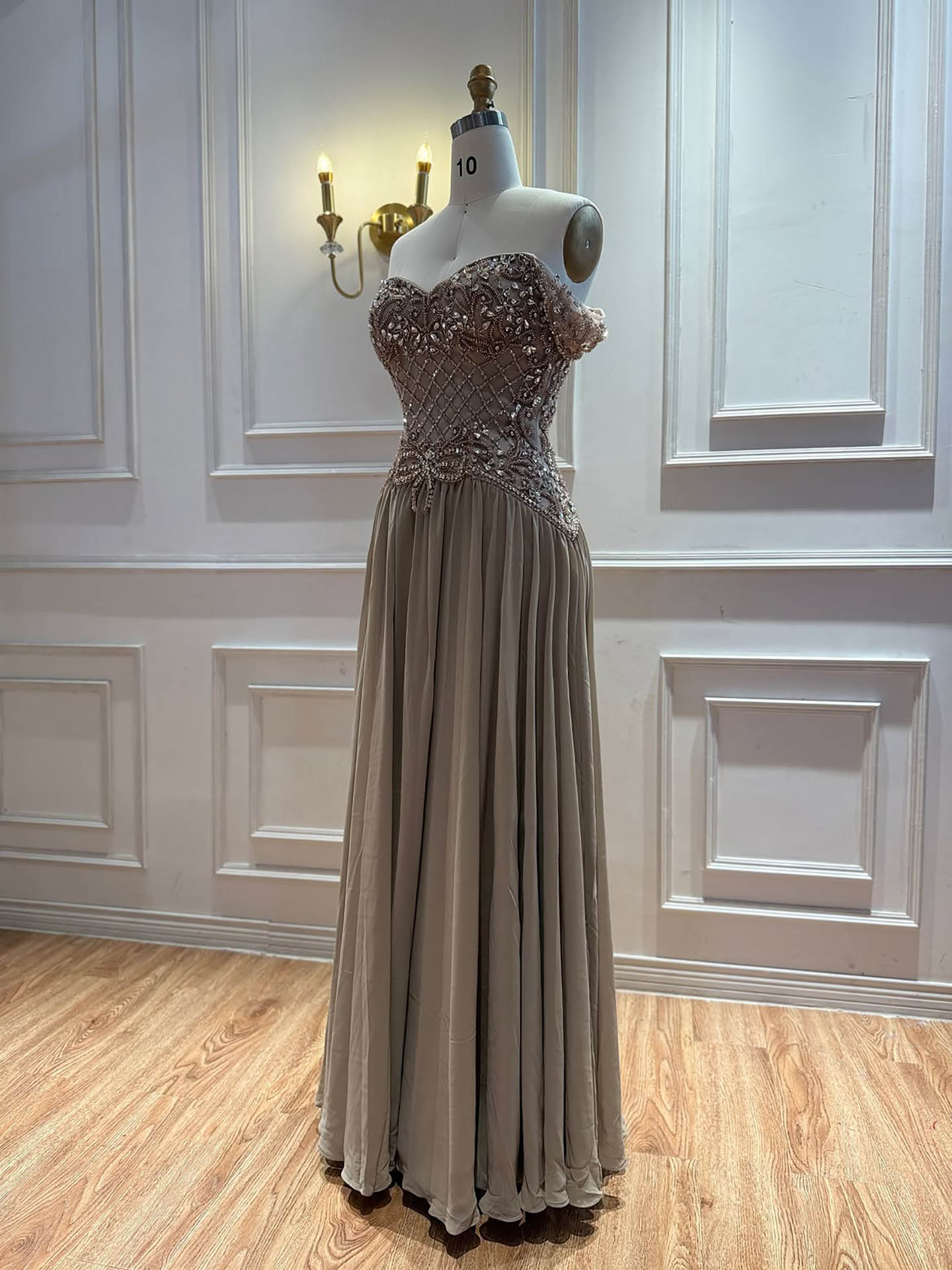 Luxury Pink Beaded Chiffon Off Shoulder A Line Evening Dress LA73698A