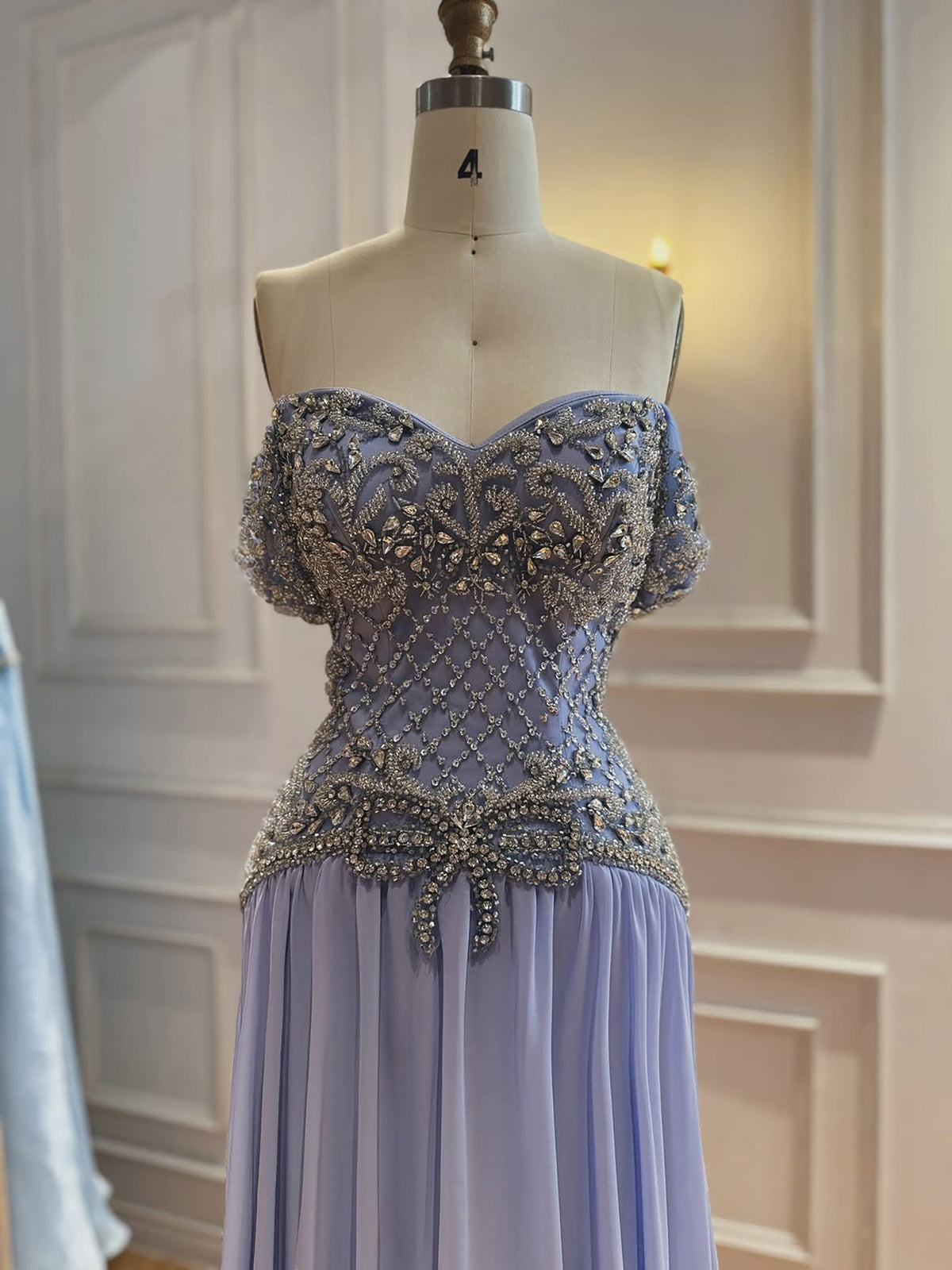 Luxury Pink Beaded Chiffon Off Shoulder A Line Evening Dress LA73698A