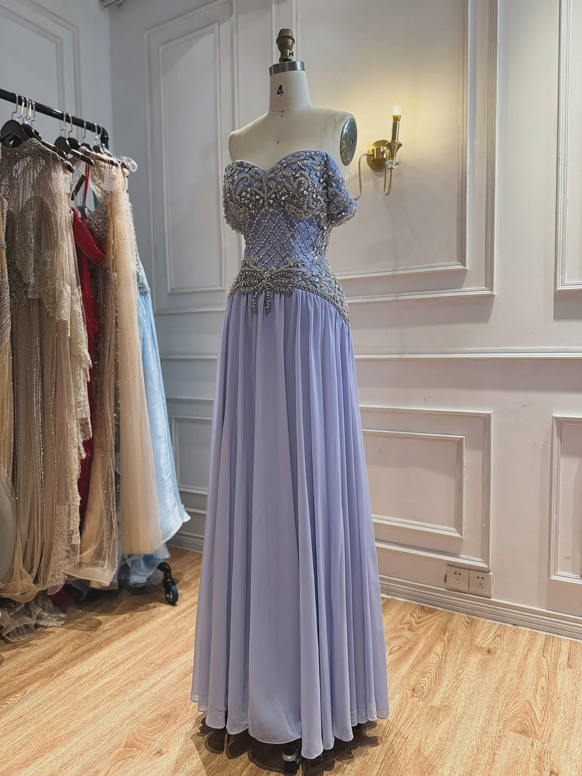 Luxury Pink Beaded Chiffon Off Shoulder A Line Evening Dress LA73698A