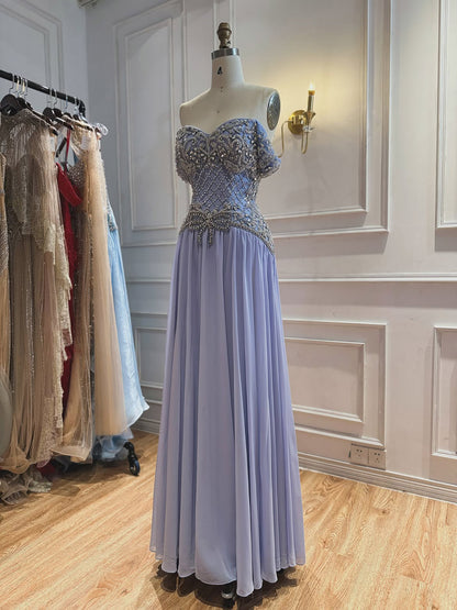 Luxury Pink Beaded Chiffon Off Shoulder A Line Evening Dress LA73698A
